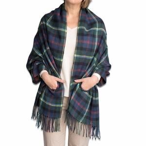 J.Crew Plaid Shawl Wrap Green Blue Tartan Fringe Scarf Pockets Preppy Classic
